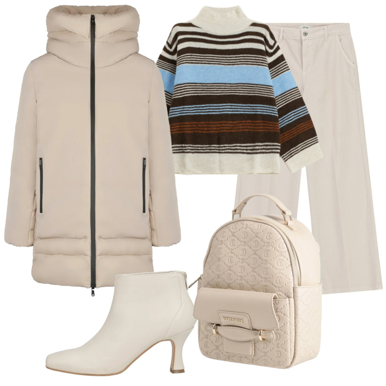 Outfit donna - Total look #2360734. Stile Basic per Ufficio. Abbinamento con stivaletti, zaini, maglieria, pantaloni a palazzo, cappotti.