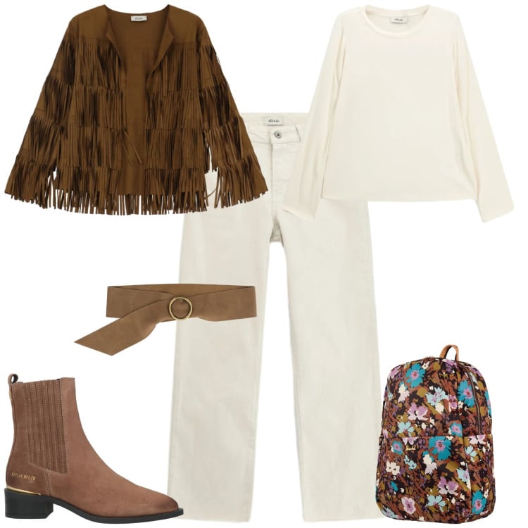 Outfit donna - Trendy ufficio tempo libero. Stile Trendy per Tutti i giorni. Abbinamento con valigie, stivaletti chelsea, cinture, t-shirt, giacche, pantaloni.