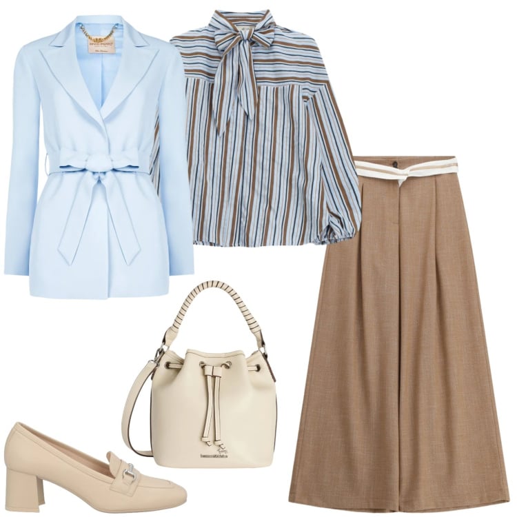 Outfit donna - Ufficio in primavera. Stile Casual chic per Ufficio. Abbinamento con mocassini, borse a secchiello, pantaloni a palazzo, bluse, blazer.