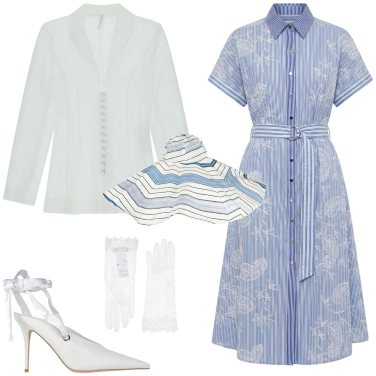 Outfit donna - Romantica cerimonia evento. Stile Romantica per Cerimonia. Abbinamento con guanti, décolleté, cappelli, vestiti chemisier, blazer.