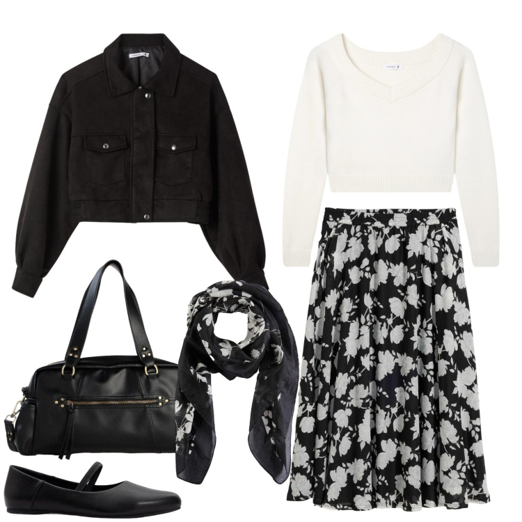 Outfit donna - Casual ma elegante. Stile Casual per Tutti i giorni. Abbinamento con ballerine, foulard, gonne lunghe, borse a mano, maglieria, bomber.