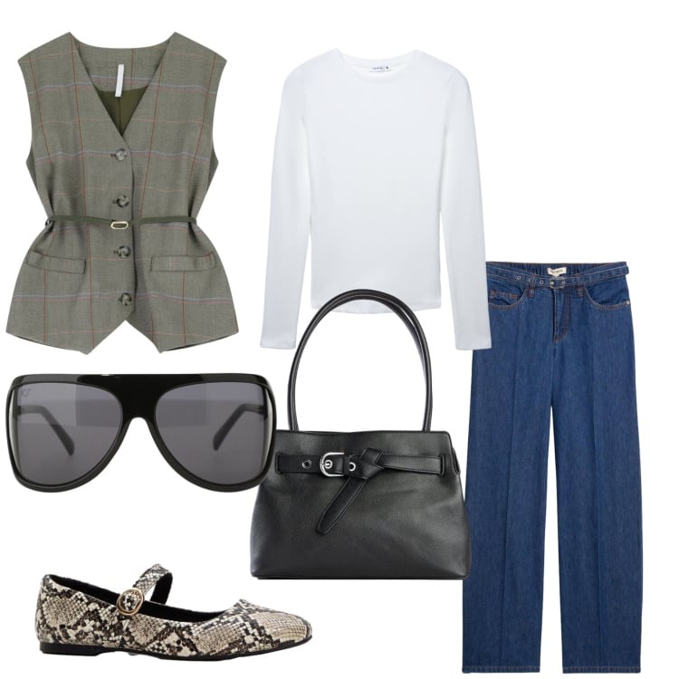 Outfit donna - Total look #2360745. Stile Casual chic per Tutti i giorni. Abbinamento con jeans dritti, borse a mano, ballerine, t-shirt, gilet, occhiali da sole.