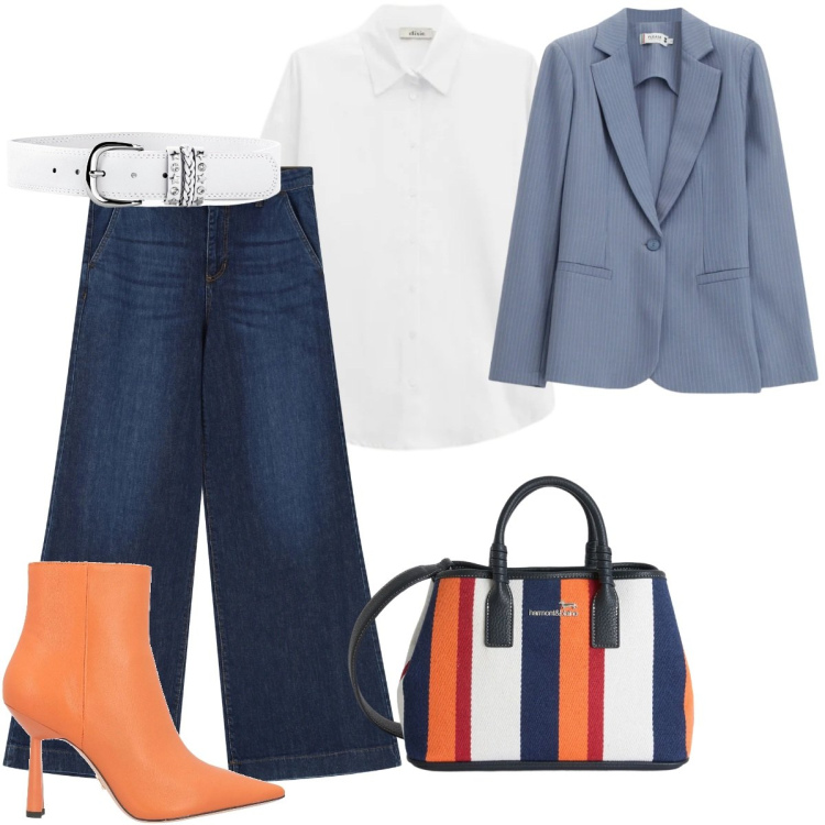 Outfit donna - Total look #2360747. Stile Casual chic per Tutti i giorni. Abbinamento con stivaletti, cinture, shopping bag, jeans, camicie, blazer.
