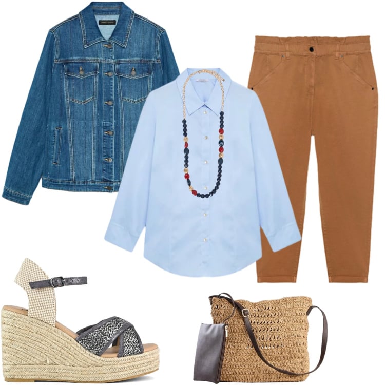 Outfit donna - Raffinatezza Casual tra Cielo e Terra. Stile Casual chic per Tutti i giorni. Abbinamento con borse a tracolla, pantaloni, camicie, blazer, collane, zeppe.
