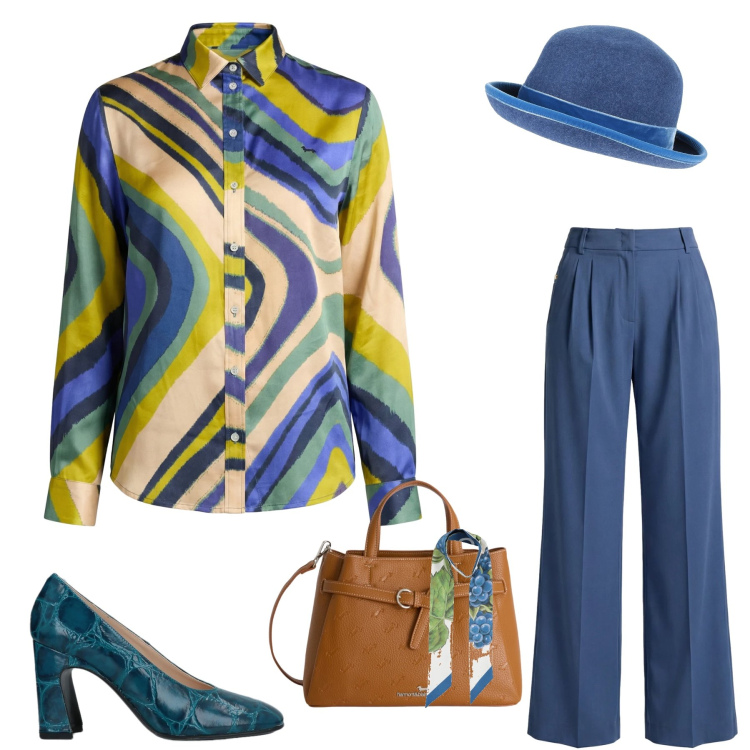 Outfit donna - Azure Psychedelic. Stile 70s per Tutti i giorni. Abbinamento con décolleté, cappelli, sciarpe, pantaloni, borse a mano, camicie.