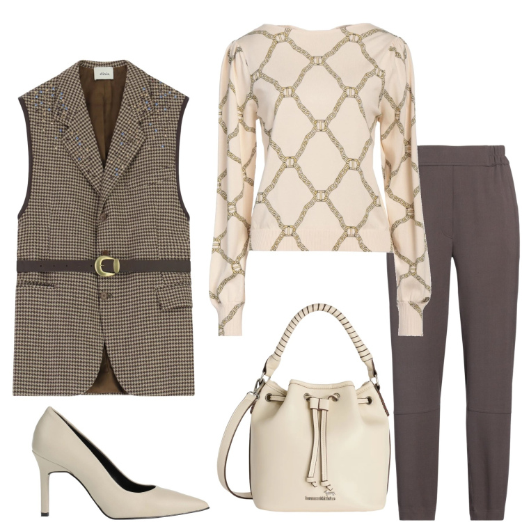 Outfit donna - Modern Heritage. Stile Bon Ton per Tutti i giorni. Abbinamento con décolleté, pullovers, pantaloni, borse a secchiello, gilet.