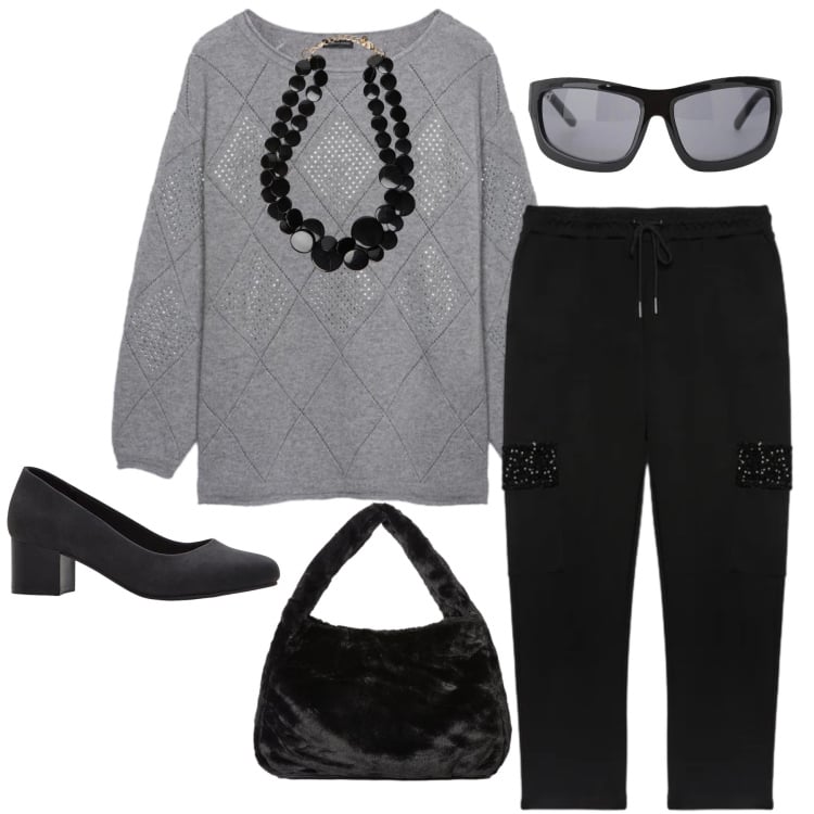 Outfit donna - Il Nuovo Comfort metropolitano. Stile Bon Ton per Tutti i giorni. Abbinamento con décolleté, occhiali da sole, collane, maglieria, borse a spalla, pantaloni cargo.