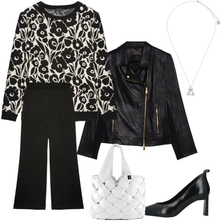 Outfit donna - Midnight Bloom. Stile Bon Ton per Tutti i giorni. Abbinamento con décolleté, pantaloni, blazer, maglieria, ciondoli, borse tote.