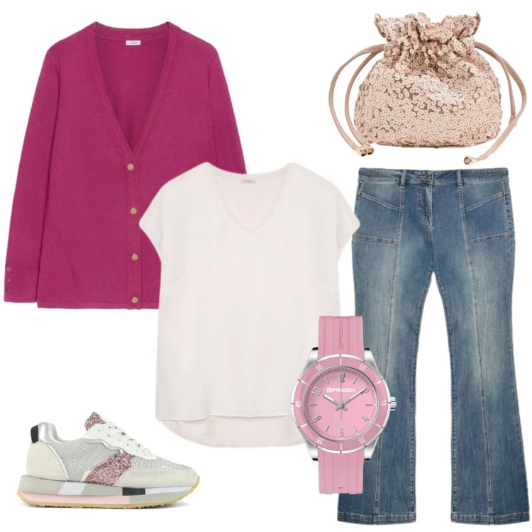 Outfit donna - Raspberry Sparkle. Stile Casual chic per Tutti i giorni. Abbinamento con cardigans, jeans, bluse, orologi, pochette, sneakers.