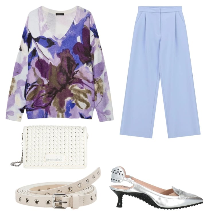 Outfit donna - Fantasia fresca. Stile Romantica per Serata fuori. Abbinamento con décolleté, borse a tracolla, pantaloni, cinture, maglieria.