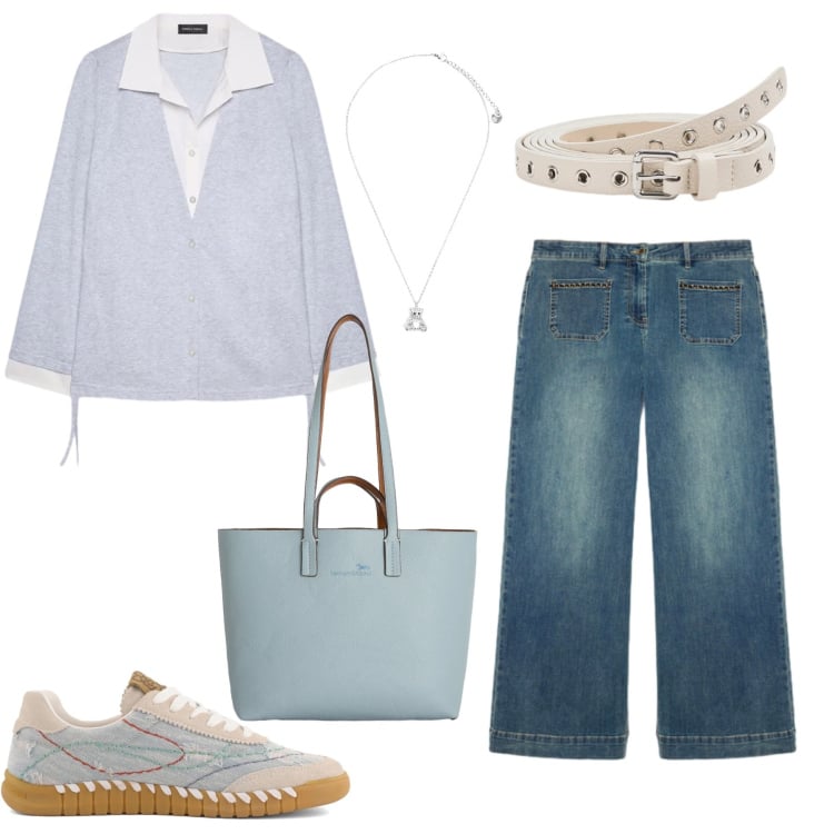 Outfit donna - Eleganza Casual in Denim e Pastello. Stile Casual chic per Tutti i giorni. Abbinamento con shopping bag, cinture, jeans, felpe, ciondoli, sneakers.