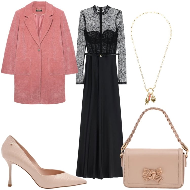 Outfit donna - Total look #2360773. Stile Glamour per Serata fuori. Abbinamento con cappotti, pochette, décolleté, vestiti lunghi, ciondoli.