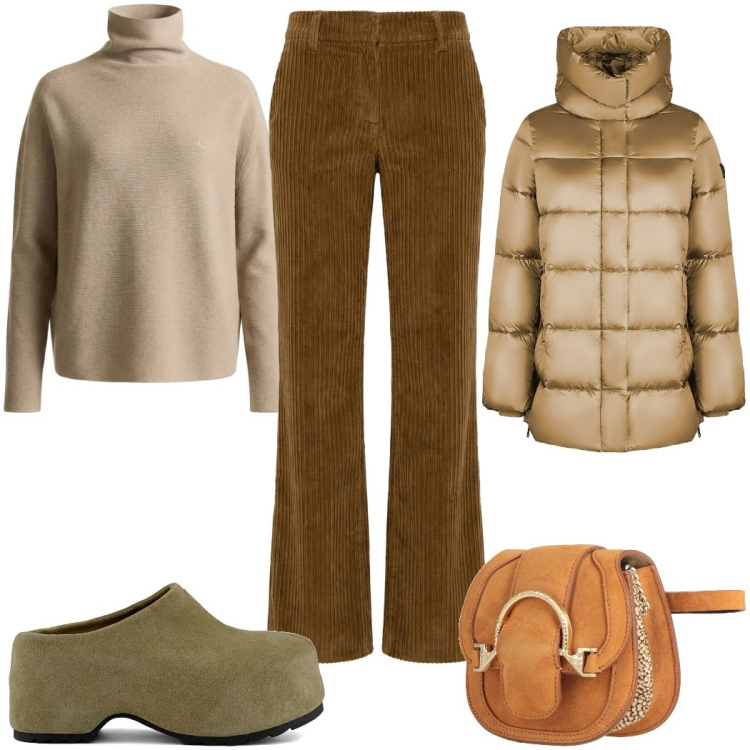 Outfit donna - Total look #2360774. Stile 70s per Tutti i giorni. Abbinamento con marsupi, maglieria, pantaloni, piumini, zoccoli.