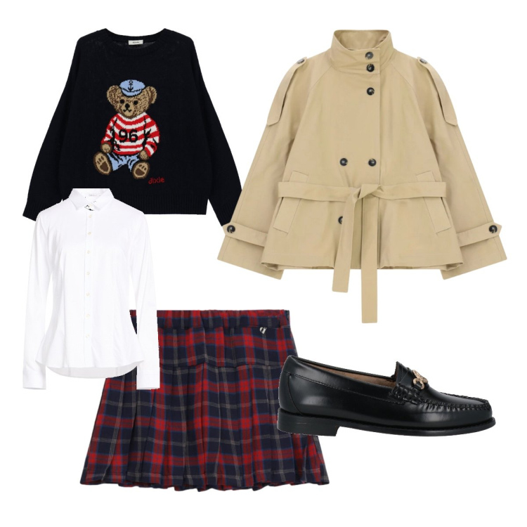 Outfit donna - London girl. Stile Casual chic per Scuola/Università. Abbinamento con camicie, mocassini, trench, minigonne, maglieria.