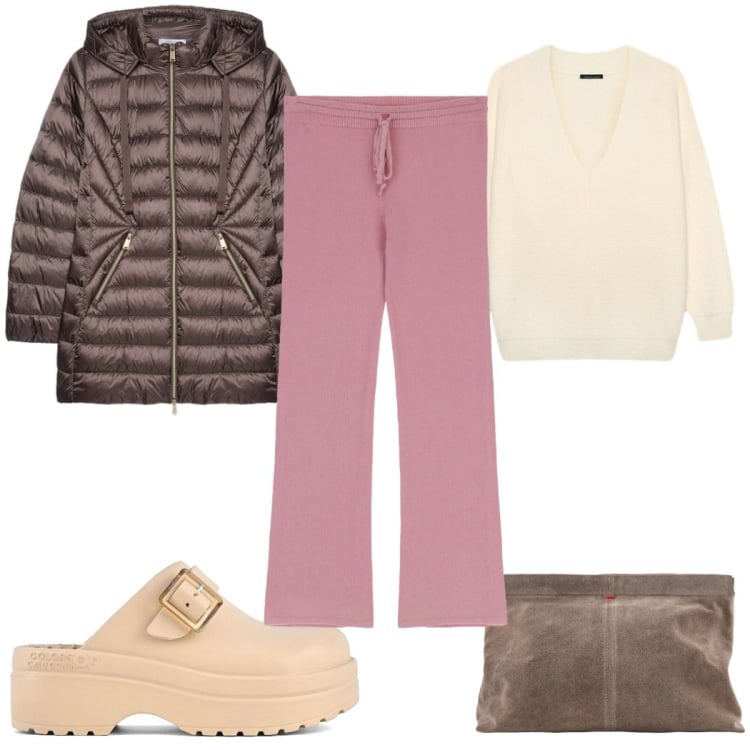 Outfit donna - Total look #2360779. Stile Trendy per Tutti i giorni. Abbinamento con pantaloni a palazzo, piumini, maglieria, sandali, pochette.