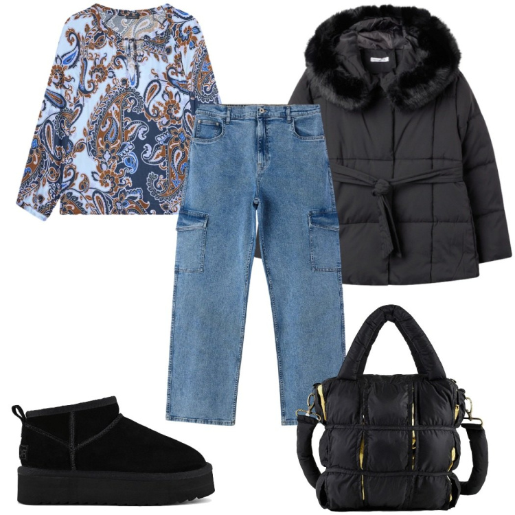 Outfit donna - Total look #2360781. Stile Etnico per Tutti i giorni. Abbinamento con jeans dritti, blazer, bluse, borse a mano, stivaletti.