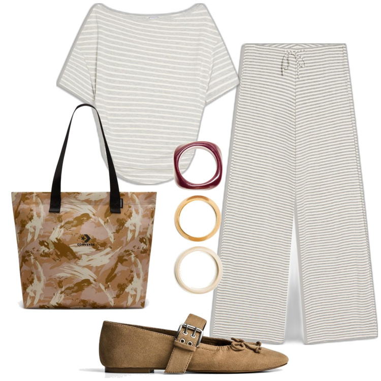 Outfit mujer - Casual #2432. Estilo Casual para Todos los días. Combinación con bolso tote, pulseras, camiseta, bailarinas, pantalones.