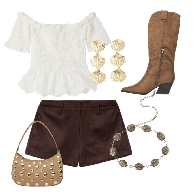 Outfit donna - Cowgirl. Stile Boho per Serata fuori. Abbinamento con orecchini, bluse, cinture, stivali, borse a tracolla, shorts.