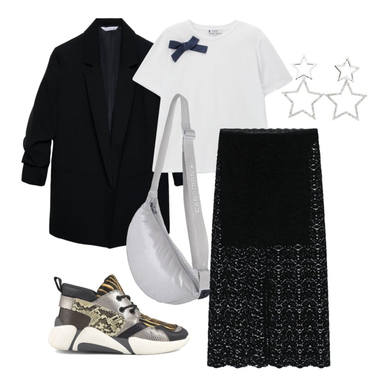 Outfit donna - Marzo. Stile Trendy per Tutti i giorni. Abbinamento con orecchini, blazer, gonne longuette, t-shirt, borse a tracolla, sneakers alte.