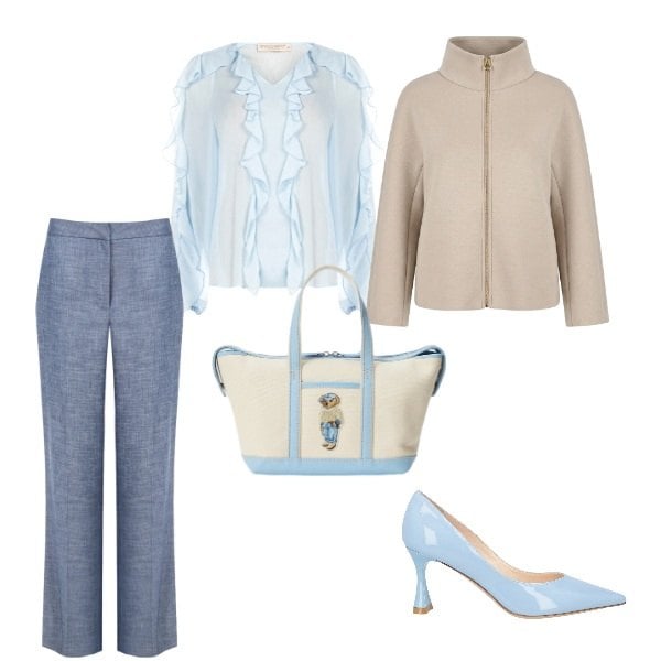 Outfit donna - Azzurro cielo. Stile Preppy per Tutti i giorni. Abbinamento con décolleté, bluse, pantaloni, caban, borse tote.