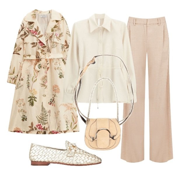 Outfit donna - splendore ecru. Stile Casual chic per Tutti i giorni. Abbinamento con marsupi, mocassini, camicie, trench, pantaloni a palazzo.