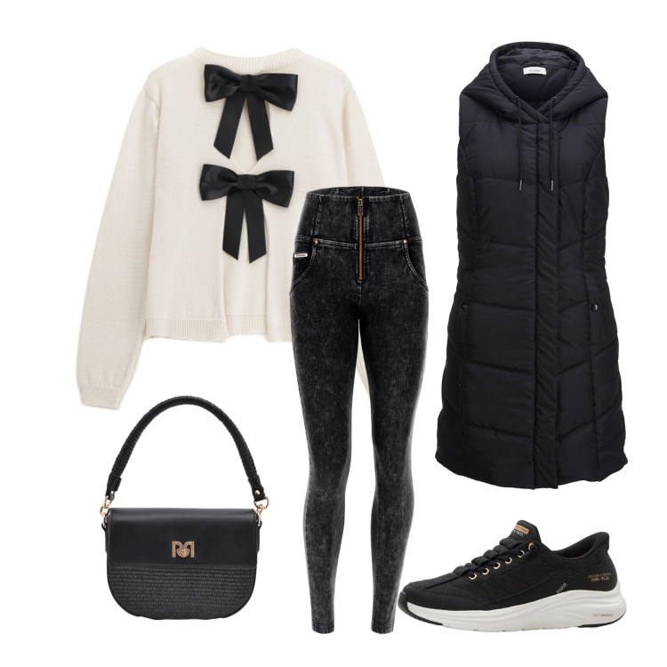 Outfit donna - Eleganza urbana in bianco e nero. Stile Urban per Tutti i giorni. Abbinamento con gilet, sneakers, maglieria, jeans skinny, borse a spalla.