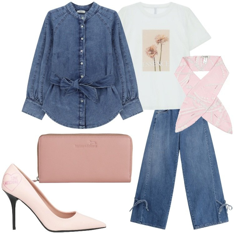 Outfit donna - Denim, but Make It 2026. Stile Romantica per Serata fuori. Abbinamento con décolleté, sciarpe, portafogli, t-shirt, camicie, jeans.