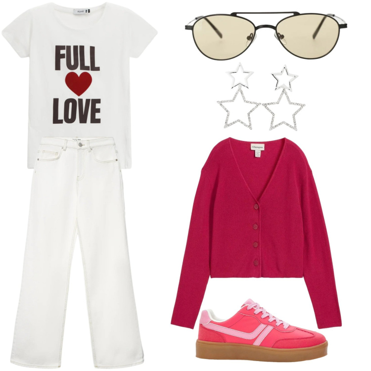 Outfit donna - Jeans bianco, cuore, stelle. Stile Casual per Scuola/Università. Abbinamento con sneakers, cardigans, t-shirt, occhiali da sole, orecchini, jeans.