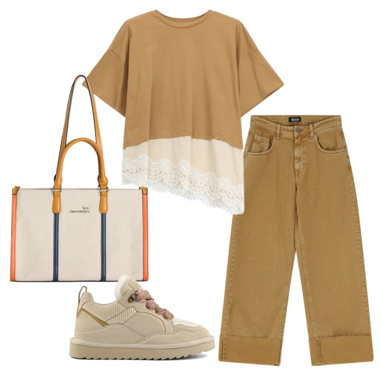 Outfit donna - Total look #2360800. Stile Urban per Tutti i giorni. Abbinamento con borse tote, pantaloni a palazzo, t-shirt, sneakers alte.