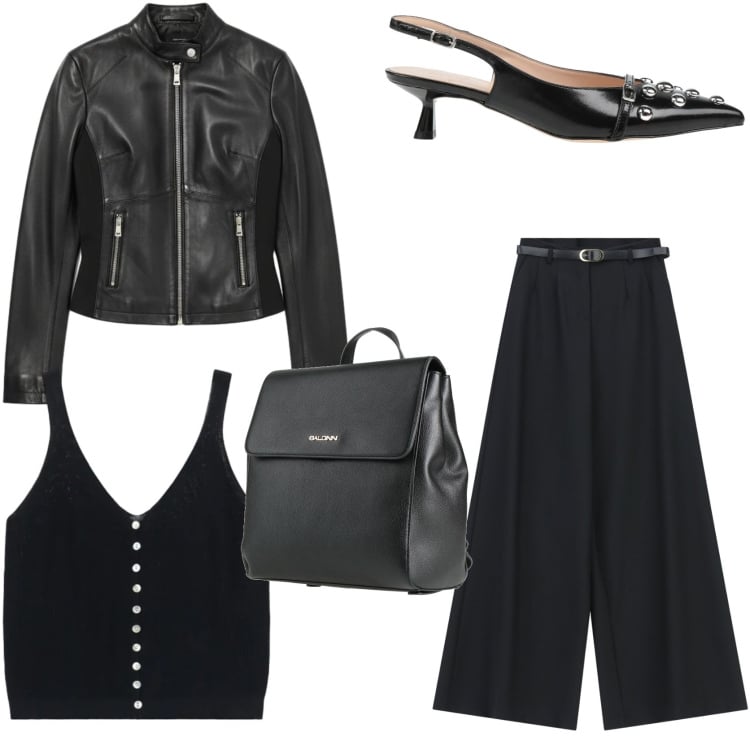 Outfit donna - Il chiodo in pelle glamour. Stile Glamour per Tutti i giorni. Abbinamento con décolleté, zaini, pantaloni a palazzo, top, giacche.