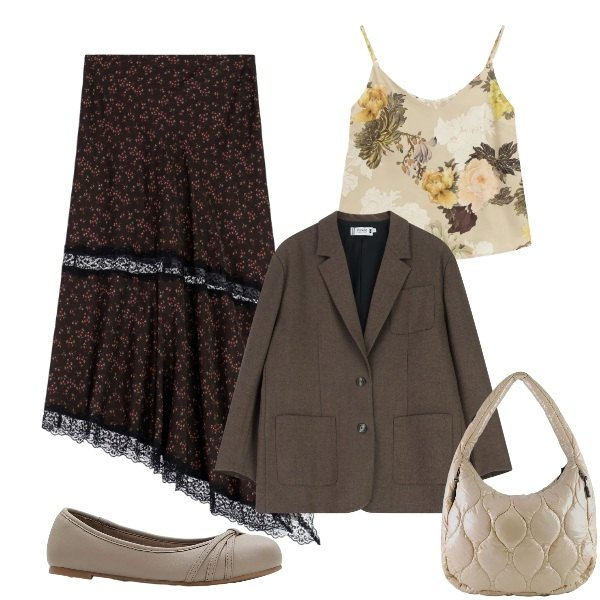 Outfit donna - fiori sopra e sotto. Stile Romantica per Tutti i giorni. Abbinamento con ballerine, top, gonne lunghe, blazer, borse tote.