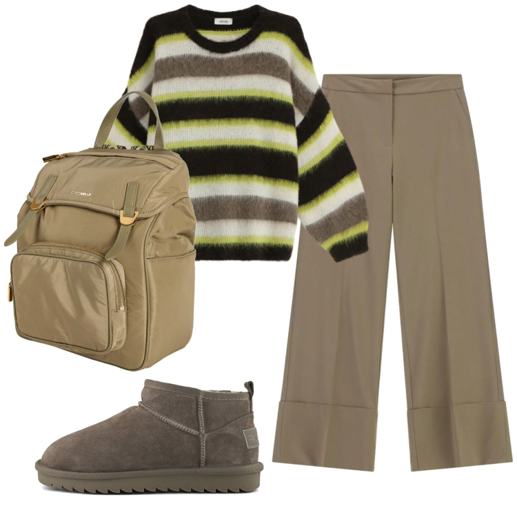 Outfit donna - Total look #2360806. Stile Basic per Tutti i giorni. Abbinamento con zaini, pantaloni a palazzo, maglieria, stivali.