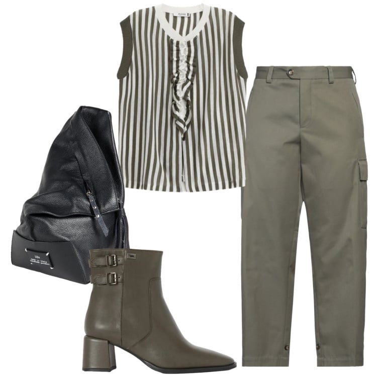 Outfit donna - Total look #2360811. Stile Casual per Tutti i giorni. Abbinamento con pantaloni cargo, zaini, stivaletti, top.