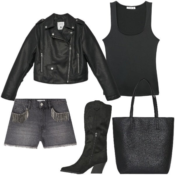 Outfit donna - All black western. Stile Rock per Tutti i giorni. Abbinamento con borse tote, stivali, giacche, canottiere, shorts.