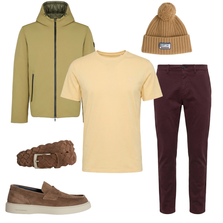 Outfit uomo - Urban Explorer. Stile Casual per Tutti i giorni. Abbinamento con scarpe stringate, berretti, cinture, t-shirt, pantaloni chino, parka.