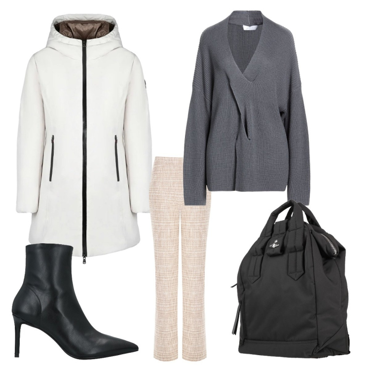 Outfit donna - Piove e fa freddo. Stile Sporty chic per Tutti i giorni. Abbinamento con pullovers, stivaletti, zaini, pantaloni a palazzo, cappotti.