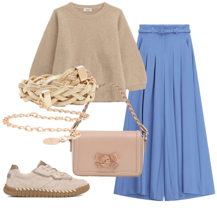 Outfit donna - Total look #2360831. Stile Casual per Tutti i giorni. Abbinamento con pantaloni a palazzo, maglieria, pochette, cinture, sneakers.