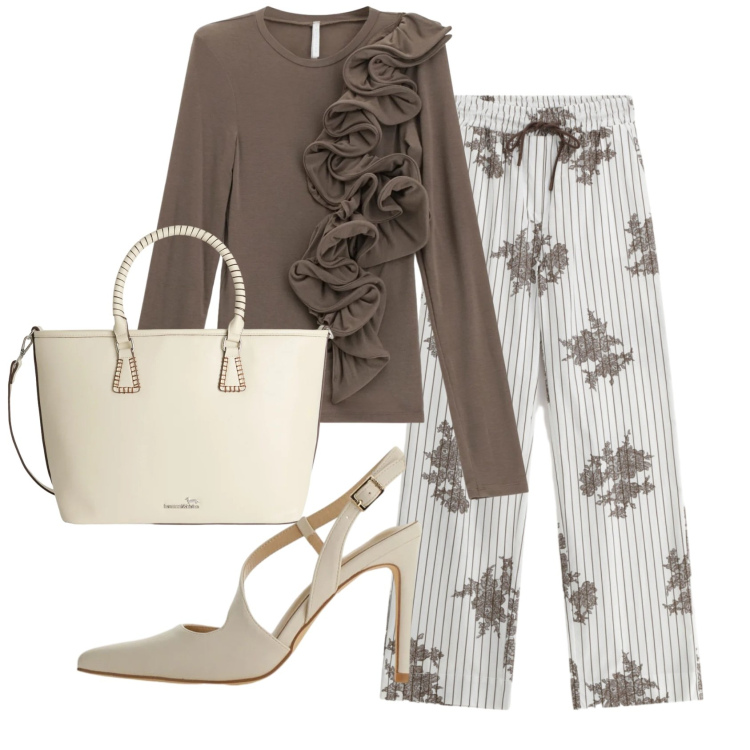 Outfit donna - Total look #2360833. Stile Romantica per Serata fuori. Abbinamento con shopping bag, t-shirt, décolleté, pantaloni a palazzo.
