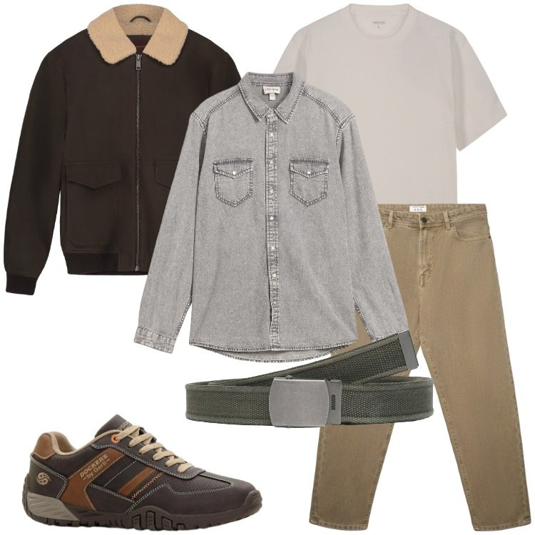Outfit uomo - Layering di mezza stagione. Stile Casual per Tutti i giorni. Abbinamento con camicie, sneakers, cinture, jeans, t-shirt, bomber.