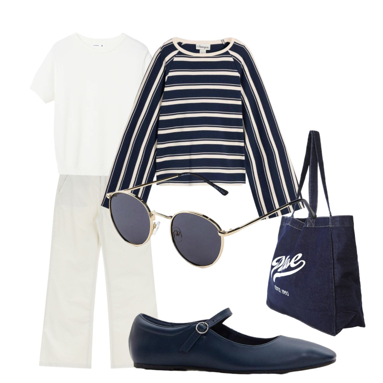 Outfit donna - Primavera ogni giorno. Stile Casual chic per Tutti i giorni. Abbinamento con ballerine, occhiali da sole, maglieria, t-shirt, jeans, shopping bag.