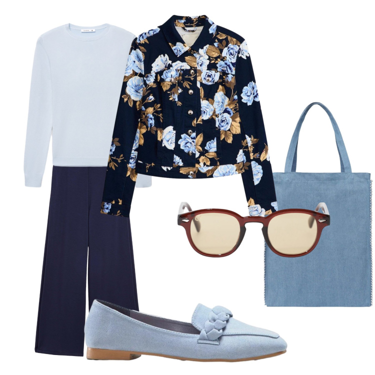 Outfit donna - La giacca floreale. Stile Casual chic per Ufficio. Abbinamento con blazer, pantaloni, mocassini, occhiali da sole, maglieria, borse tote.