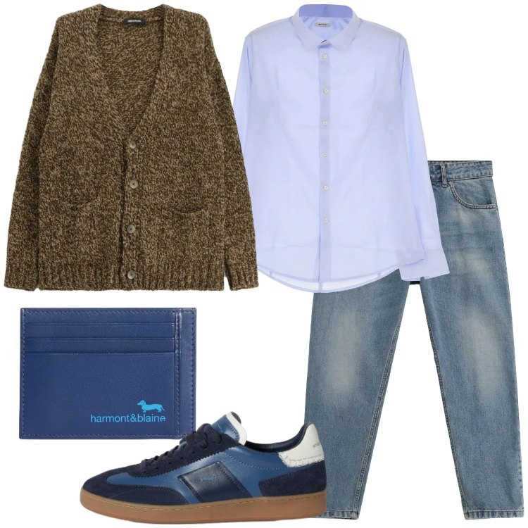 Outfit uomo - Un cardigan a marzo. Stile Casual per Tutti i giorni. Abbinamento con sneakers, portafogli, camicie, cardigans, jeans.