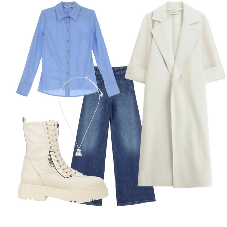 Outfit donna - Primavera ma non troppo. Stile Casual chic per Tutti i giorni. Abbinamento con anfibi, cappotti, ciondoli, camicie, jeans.