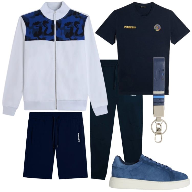 Outfit uomo - Total look #2360867. Stile Casual per Sport. Abbinamento con sneakers, portachiavi, pantaloni, felpe, t-shirt sportive, pantaloni corti.