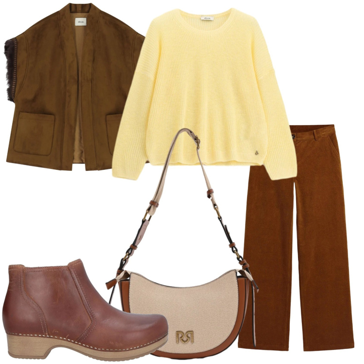 Outfit donna - Cioccolato e limone. Stile Trendy per Tutti i giorni. Abbinamento con stivaletti, pantaloni, gilet, maglieria, borse a tracolla.
