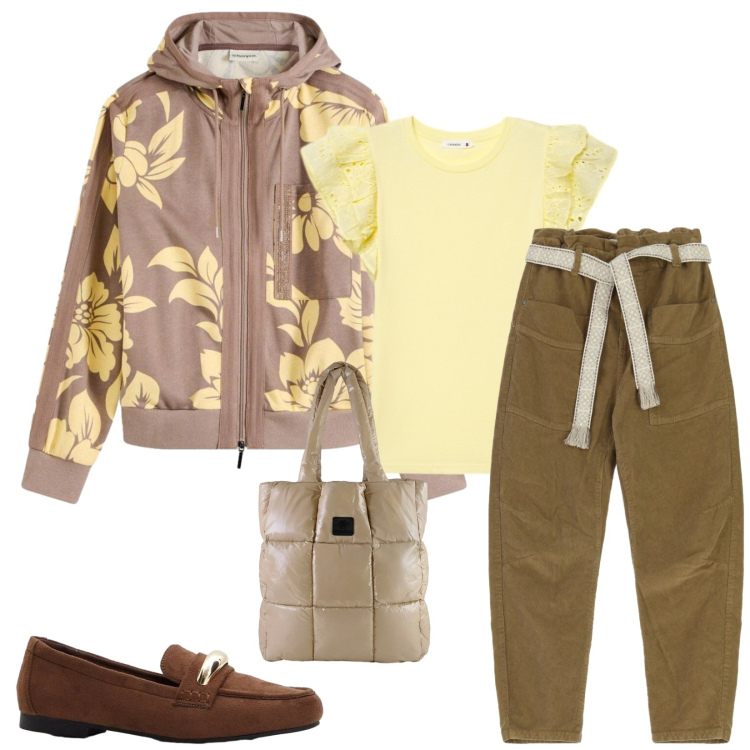 Outfit donna - Total look #2360871. Stile Casual chic per Tutti i giorni. Abbinamento con felpe, mocassini, t-shirt, pantaloni, shopping bag.