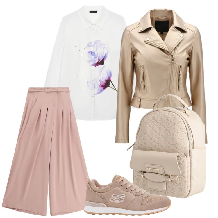 Outfit donna - Curvy- total look rosa & beige. Stile Sporty chic per Tutti i giorni. Abbinamento con zaini, sneakers, pantaloni a palazzo, camicie, giacche.