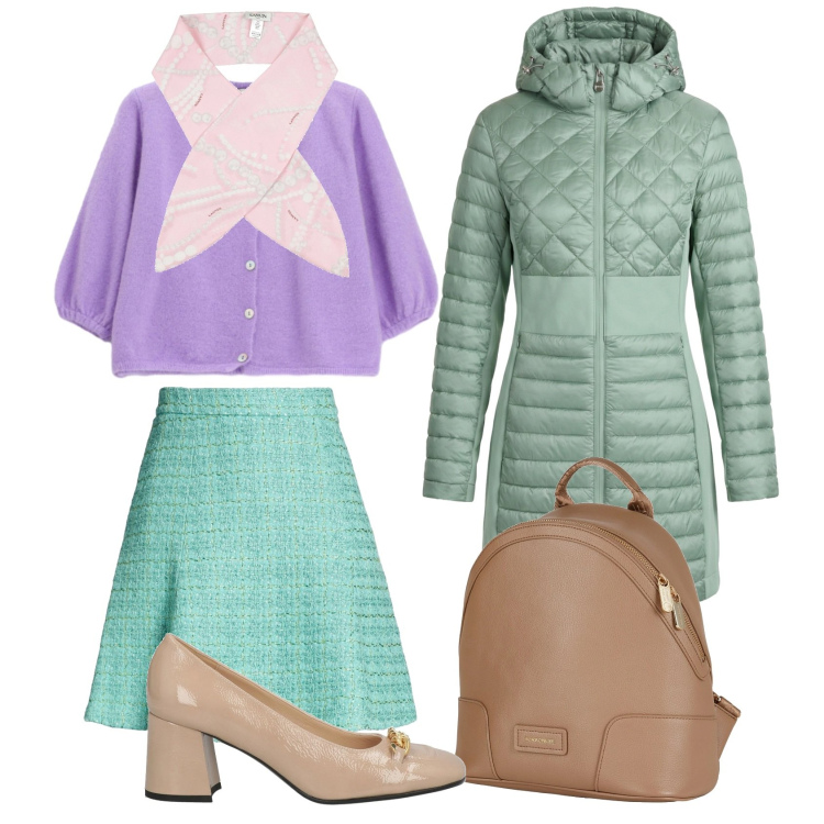 Outfit donna - Verde & lilla. Stile Chic per Ufficio. Abbinamento con zaini, minigonne, décolleté, sciarpe, piumini, cardigans.