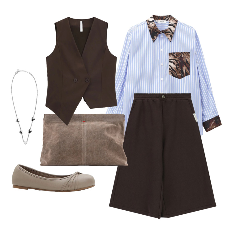Outfit donna - Marzo. Stile Casual chic per Tutti i giorni. Abbinamento con ballerine, pantaloni, gilet, collane, camicie, pochette.