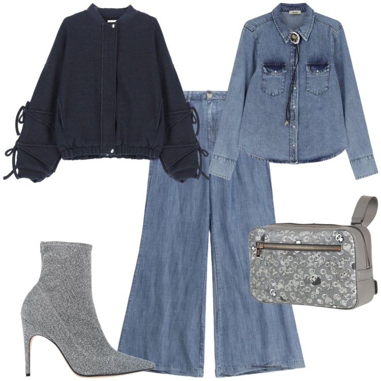 Outfit donna - Il denim protagonista per una serata. Stile Boho per Serata fuori. Abbinamento con marsupi, stivaletti, bomber, pantaloni a palazzo, camicie.
